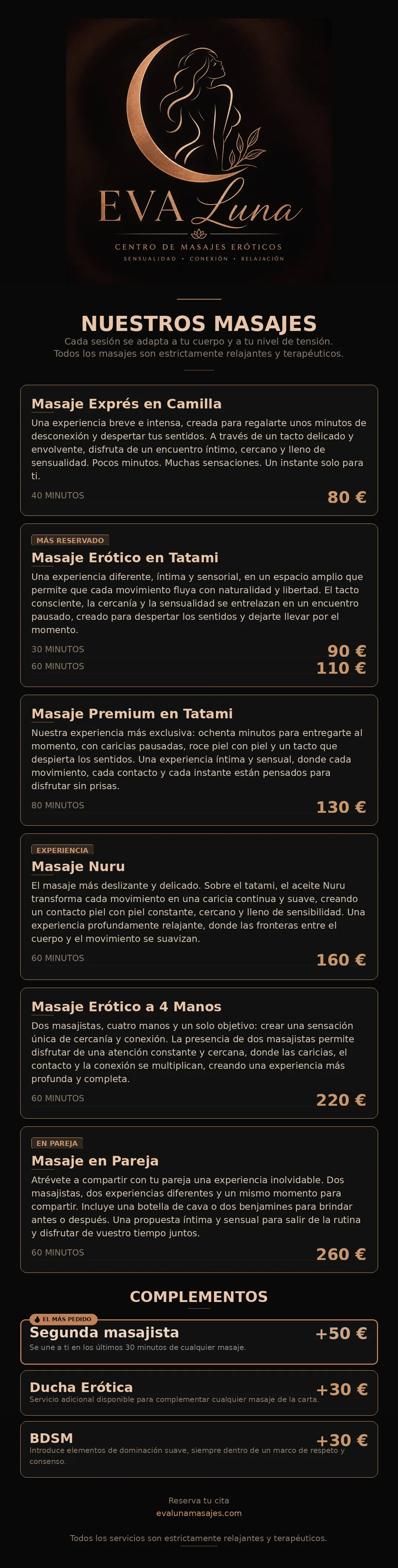 Carta de precios de Eva Luna Masajes en Murcia